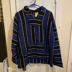 Mens Womens BAJA HOODIE Blue Black Knit Poncho Hippie Mexican Drug Rug L